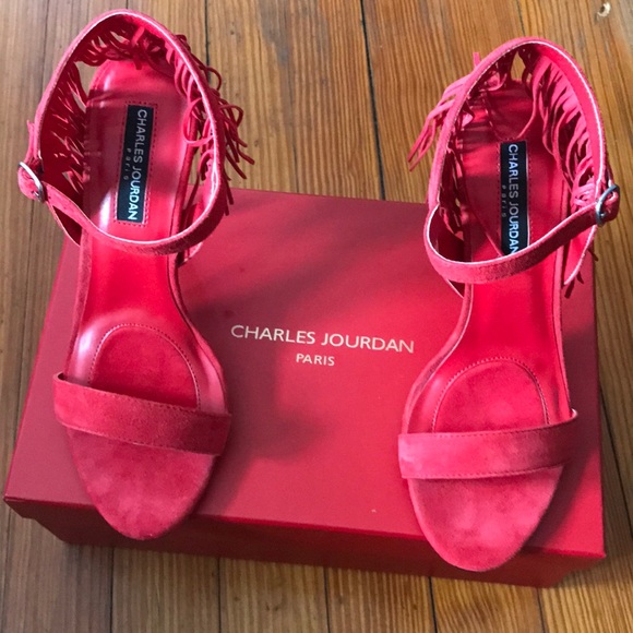 Charles Jourdan Boa red fringe suede sandals heels - Picture 3 of 5